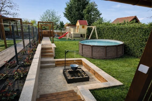 Süllyesztett bográcsozó medencével és játszótérrel