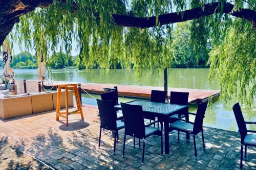 Gyönyörű kilátás a vízpartra fűzfák árnyékából